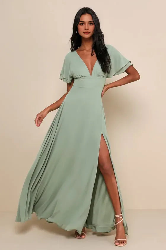Romantic Green Chiffon Evening Dress with Deep V - Neck Flutter Sleeves Flowy Slit Skirt Ideal for Dreamy Night Time Soirées