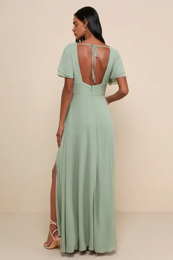Romantic Green Chiffon Evening Dress with Deep V - Neck Flutter Sleeves Flowy Slit Skirt Ideal for Dreamy Night Time Soirées