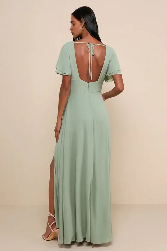 Romantic Green Chiffon Evening Dress with Deep V - Neck Flutter Sleeves Flowy Slit Skirt Ideal for Dreamy Night Time Soirées