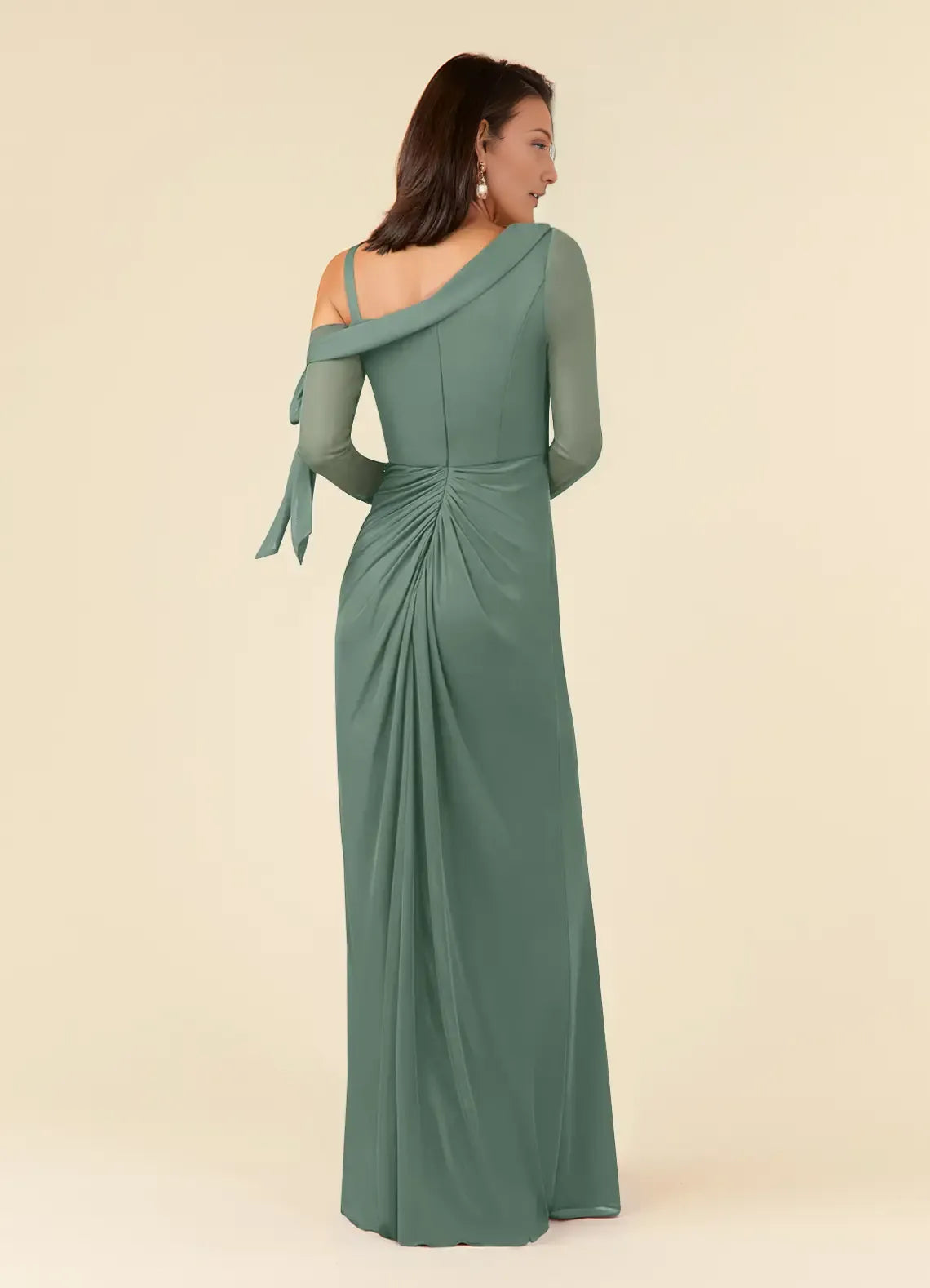 Romantic Green Mother of the Bride Dress with Asymmetric One - Shoulder Sheer Mesh Sleeves Beaded Cuffs and Side Slit
