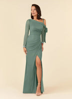 Romantic Green Mother of the Bride Dress with Asymmetric One - Shoulder Sheer Mesh Sleeves Beaded Cuffs and Side Slit