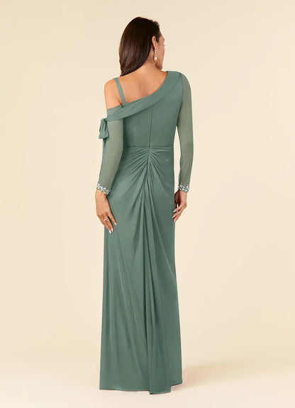 Romantic Green Mother of the Bride Dress with Asymmetric One - Shoulder Sheer Mesh Sleeves Beaded Cuffs and Side Slit