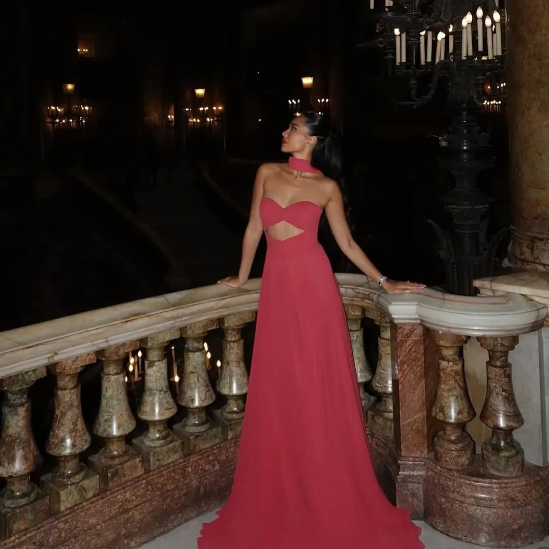 Romantic Halter Sleeveless Cutout Red Floor-Length Prom Dress