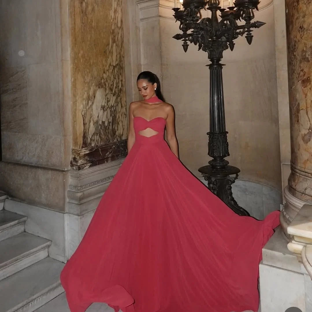 Romantic Halter Sleeveless Cutout Red Floor-Length Prom Dress