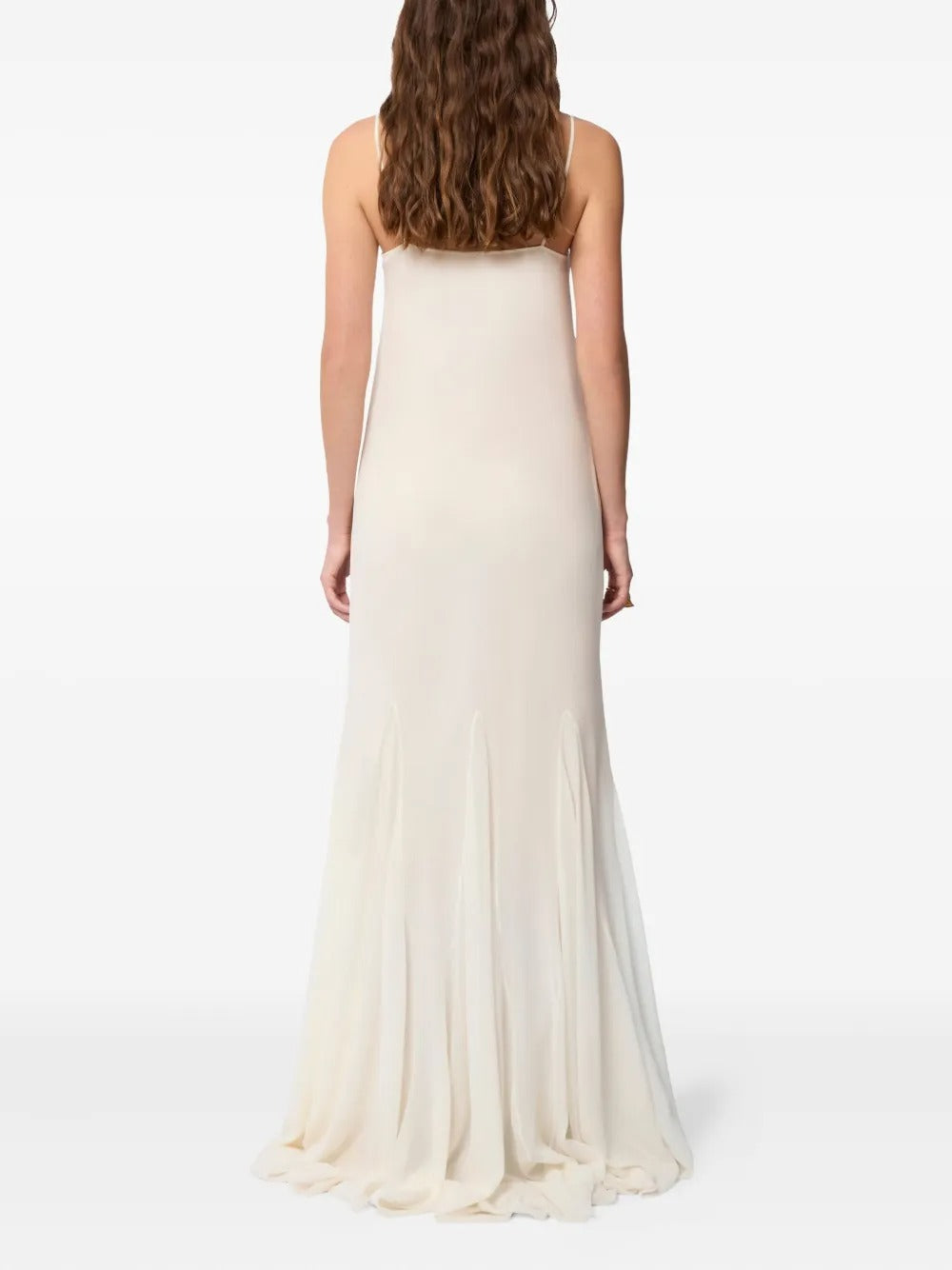 Romantic Ivory Chiffon Floral-Appliqué Spaghetti-Strap Evening Dress