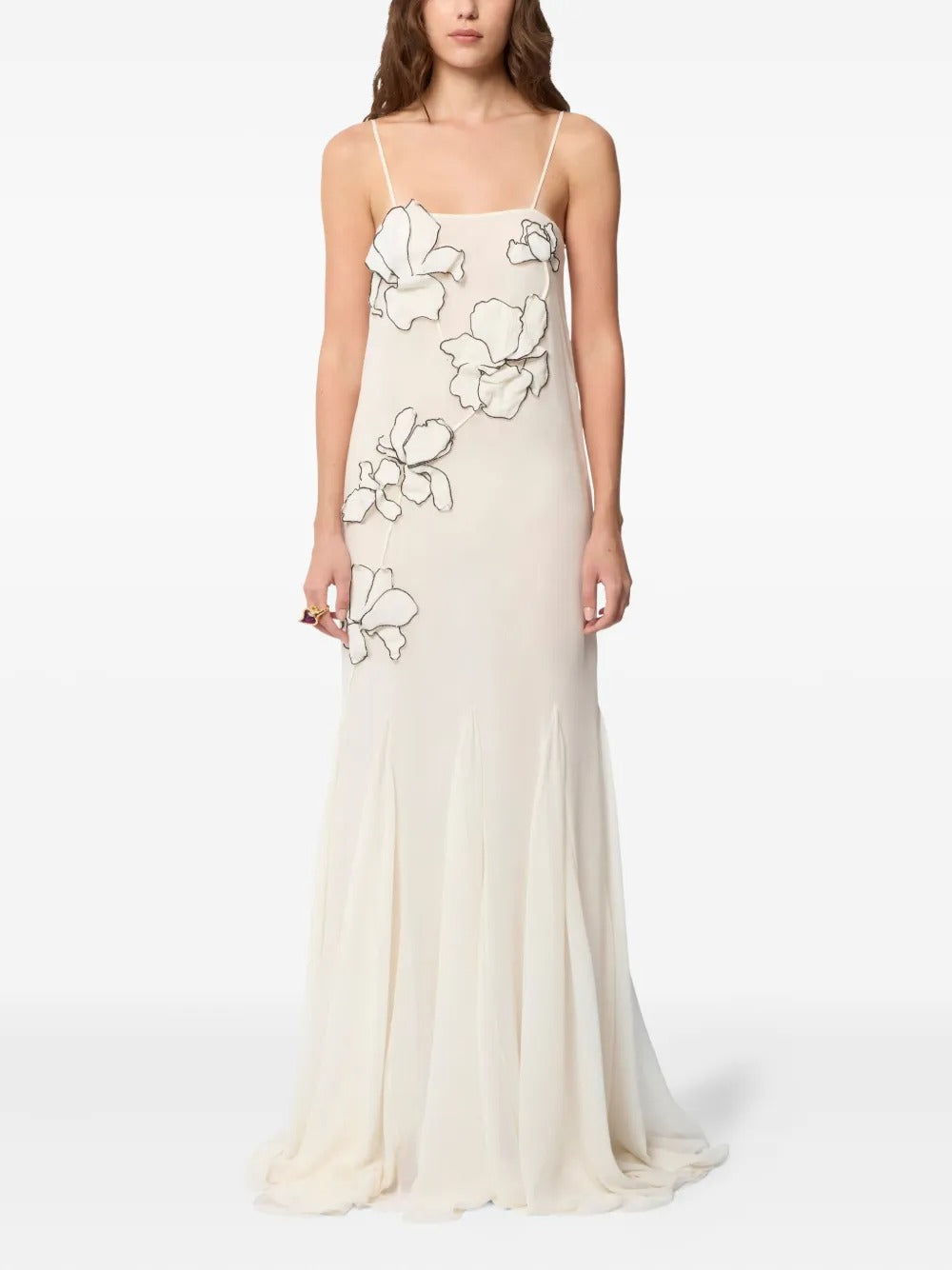 Romantic Ivory Chiffon Floral-Appliqué Spaghetti-Strap Evening Dress