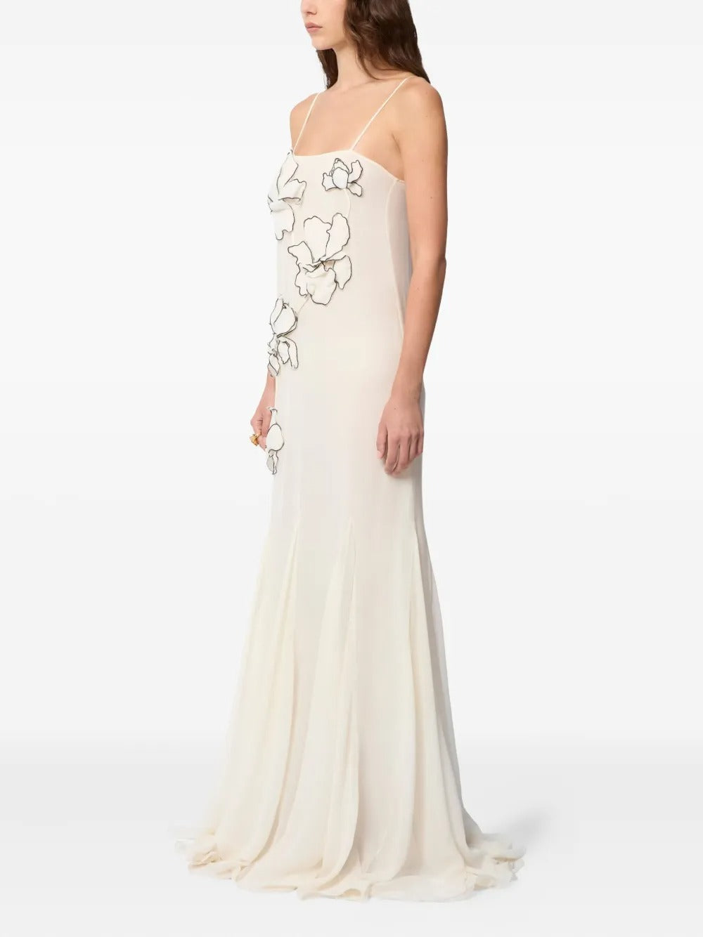 Romantic Ivory Chiffon Floral-Appliqué Spaghetti-Strap Evening Dress