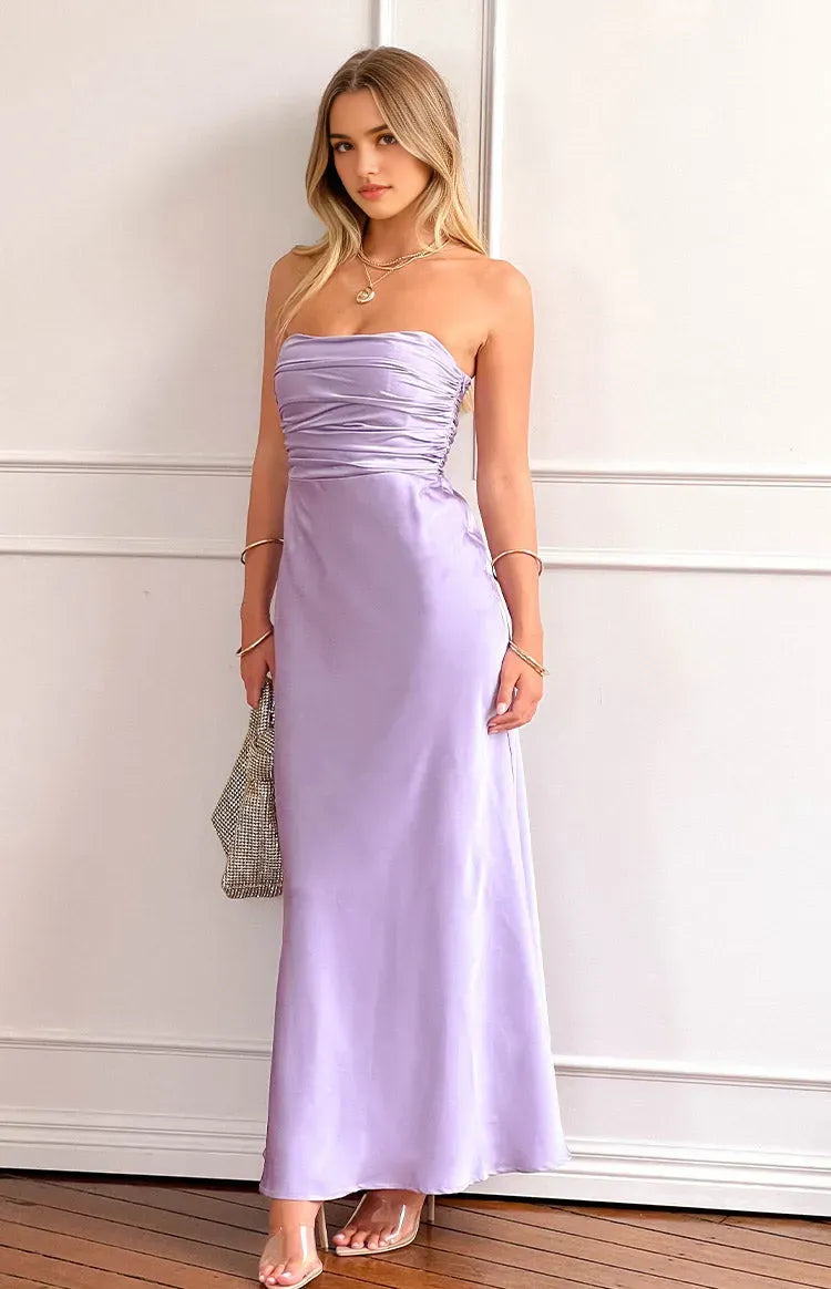 Romantic Lavender Satin Prom Dress Strapless Ruched Bodice Flowy Maxi Fit for a Dreamy Appeal