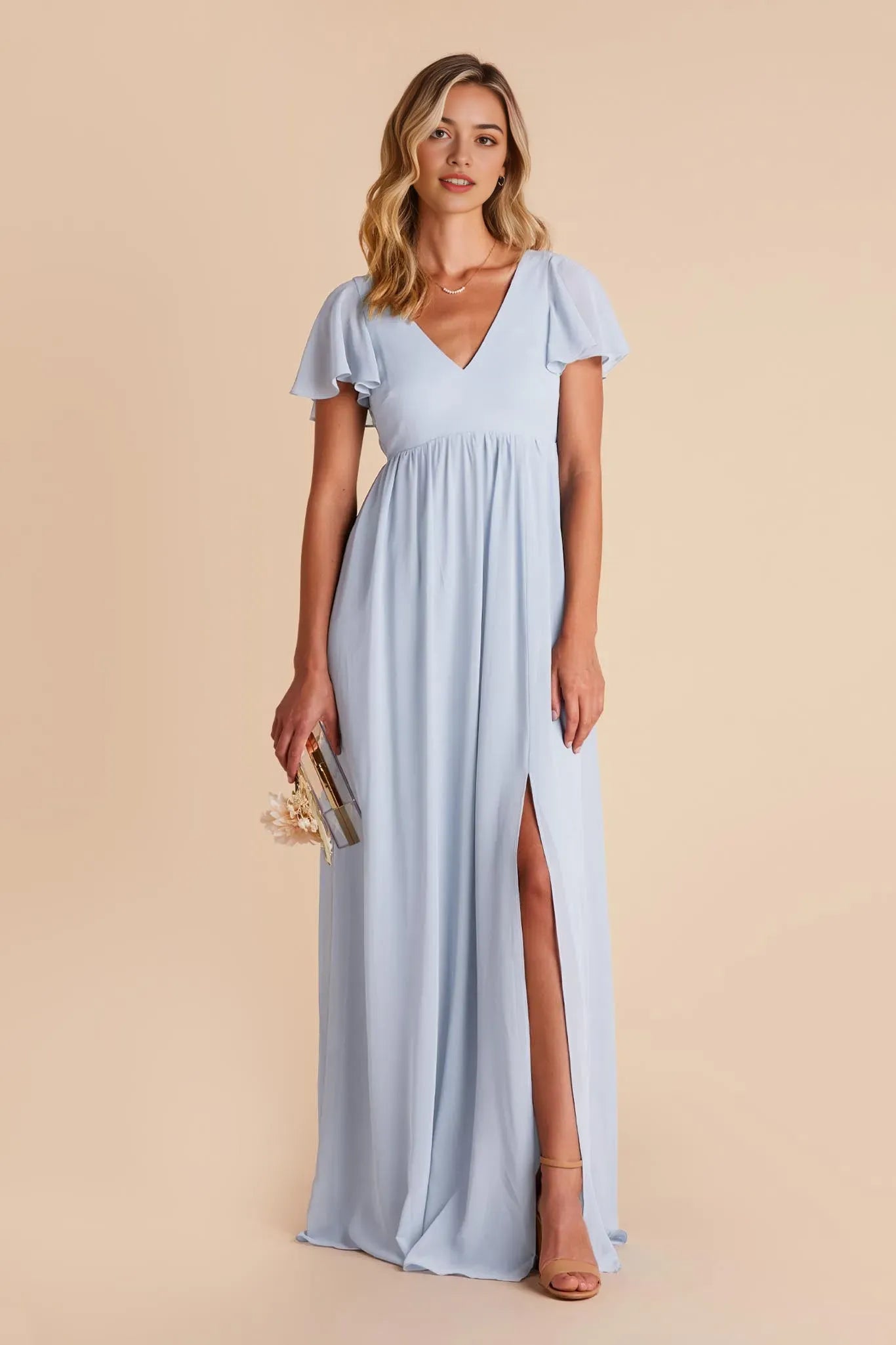 Romantic Light Blue Chiffon Ball Gown Flutter Sleeves V  Neck  Side Slit with for Formal Galas