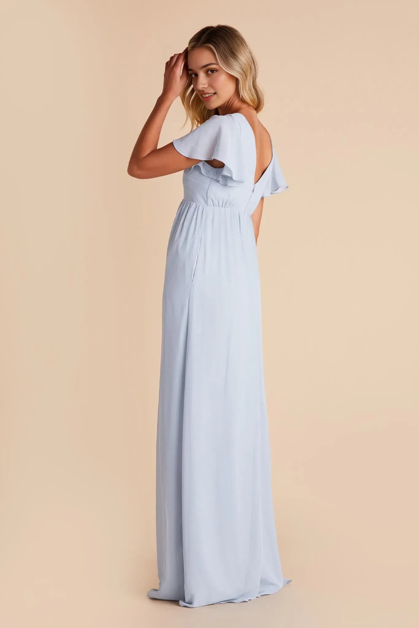 Romantic Light Blue Chiffon Ball Gown Flutter Sleeves V  Neck  Side Slit with for Formal Galas