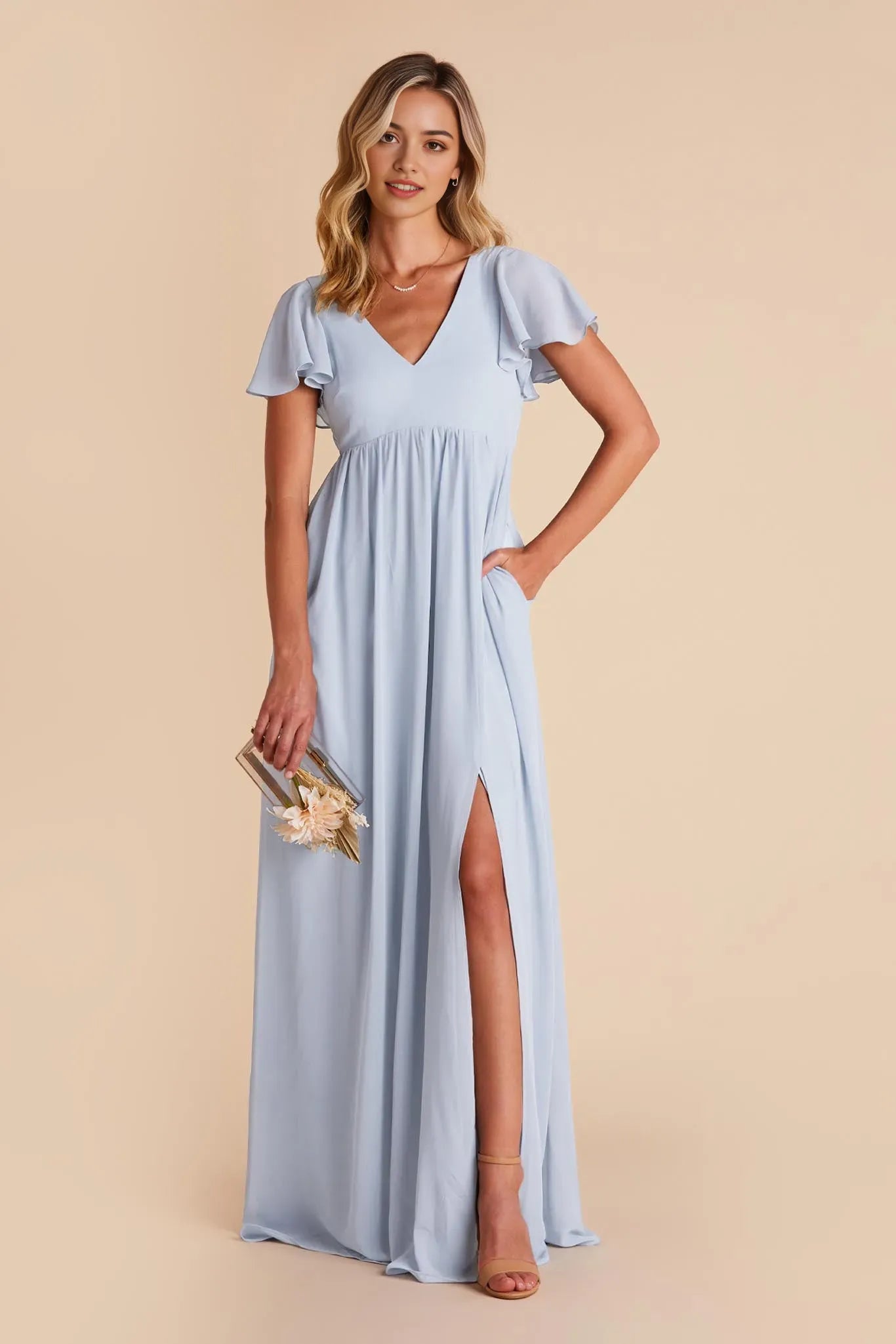 Romantic Light Blue Chiffon Ball Gown Flutter Sleeves V  Neck  Side Slit with for Formal Galas