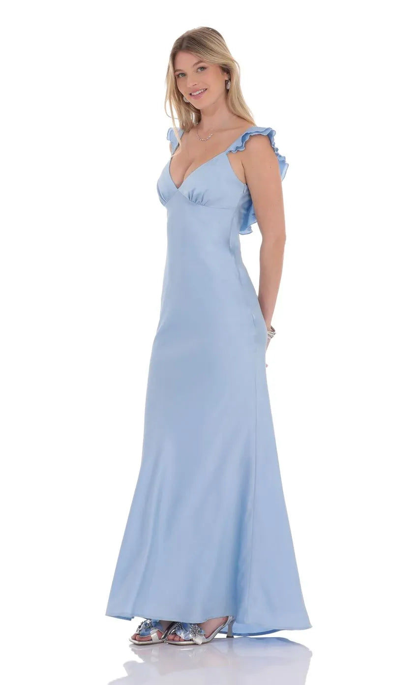 Romantic Light Blue Satin Prom Dress with Ruffled Straps Plunging V Neck Suited for Dreamy Prom Events