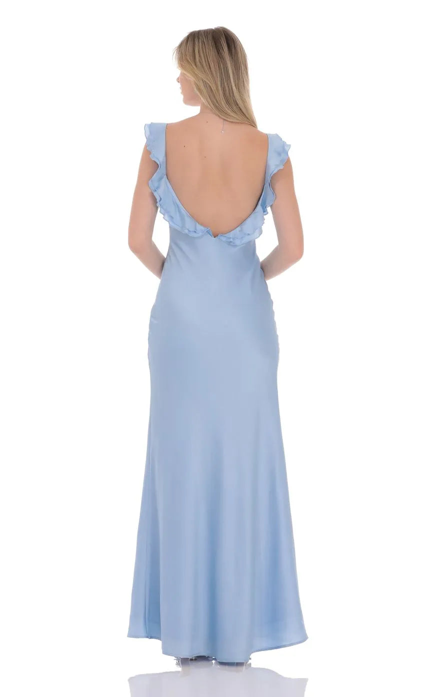 Romantic Light Blue Satin Prom Dress with Ruffled Straps Plunging V Neck Suited for Dreamy Prom Events