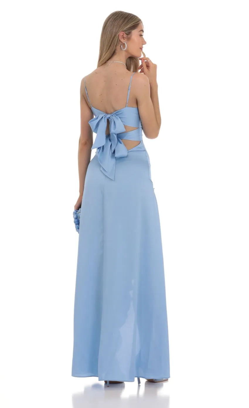 Romantic Light Blue Satin Prom Dress with Twisted Front  Ruffled Slit Suited for Dreamy Prom Events