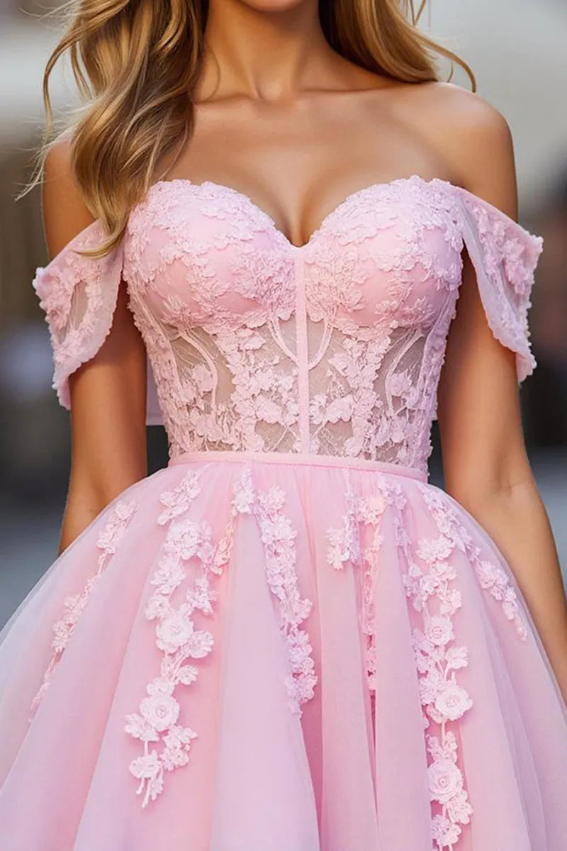 Romantic Light Pink Tulle Lace Off - Shoulder Homecoming Dress with Floral Appliqués