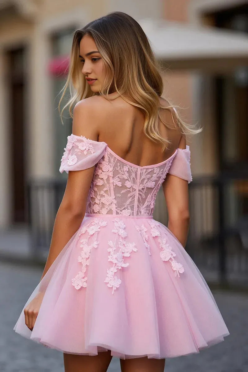 Romantic Light Pink Tulle Lace Off - Shoulder Homecoming Dress with Floral Appliqués
