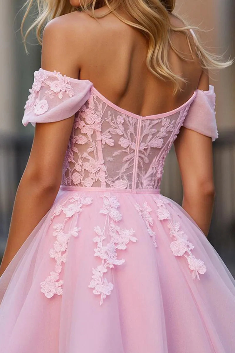 Romantic Light Pink Tulle Lace Off - Shoulder Homecoming Dress with Floral Appliqués