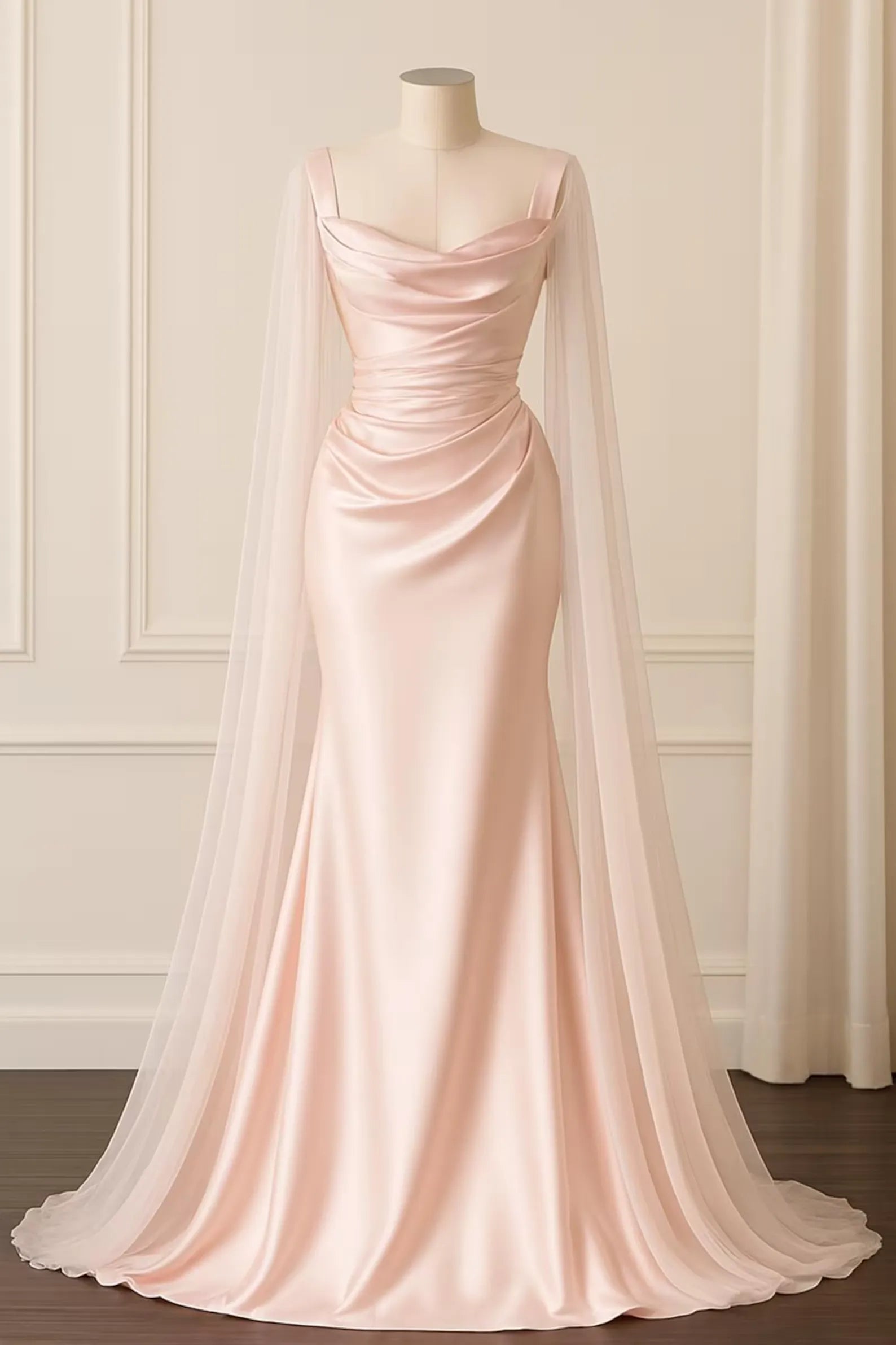 Romantic Mermaid Cowl Neck Sheer-Sleeved Ruched Blush Floor-Length Prom Dress For Women Ready To Ship