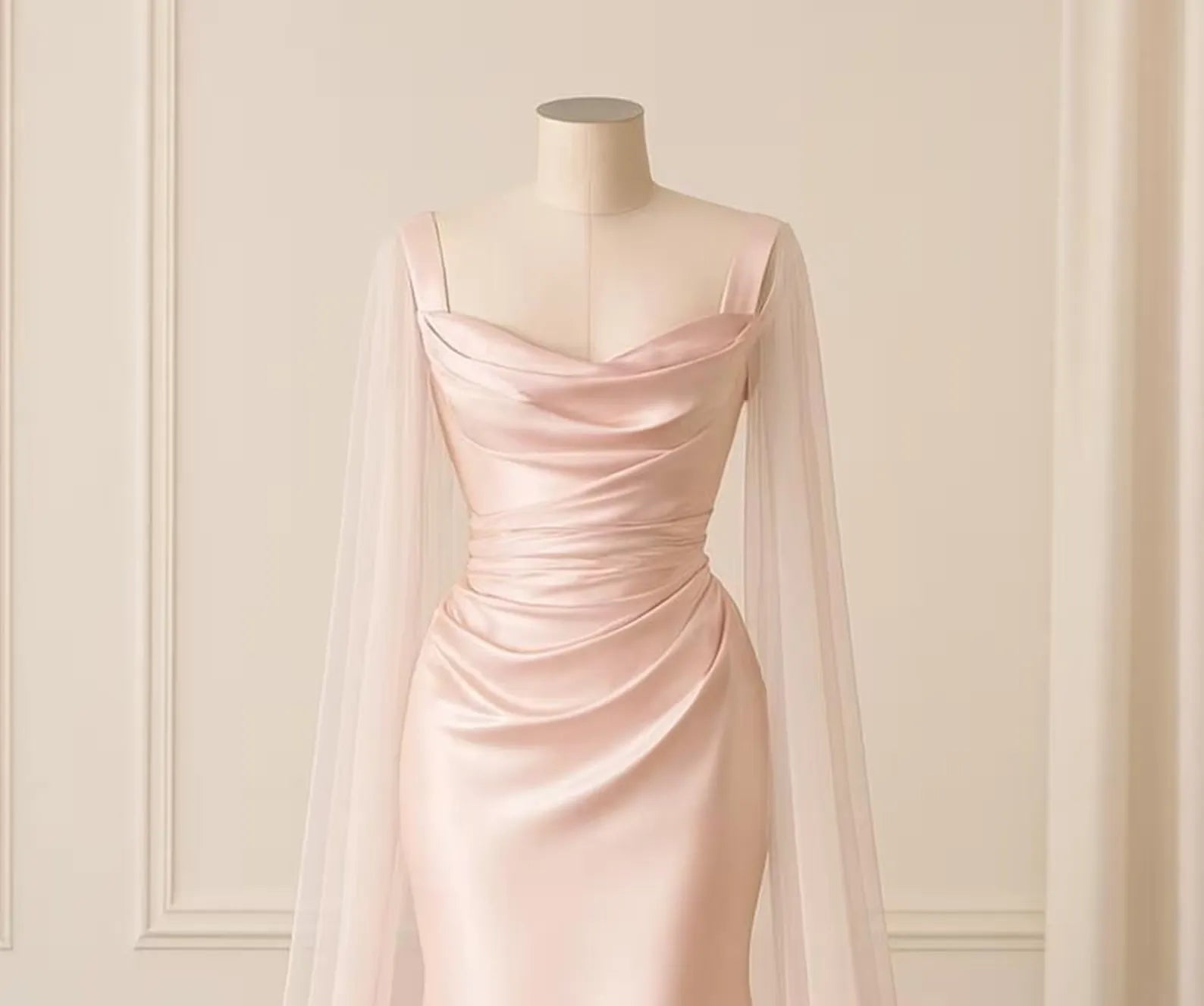 Romantic Mermaid Cowl Neck Sheer-Sleeved Ruched Blush Floor-Length Prom Dress For Women Ready To Ship