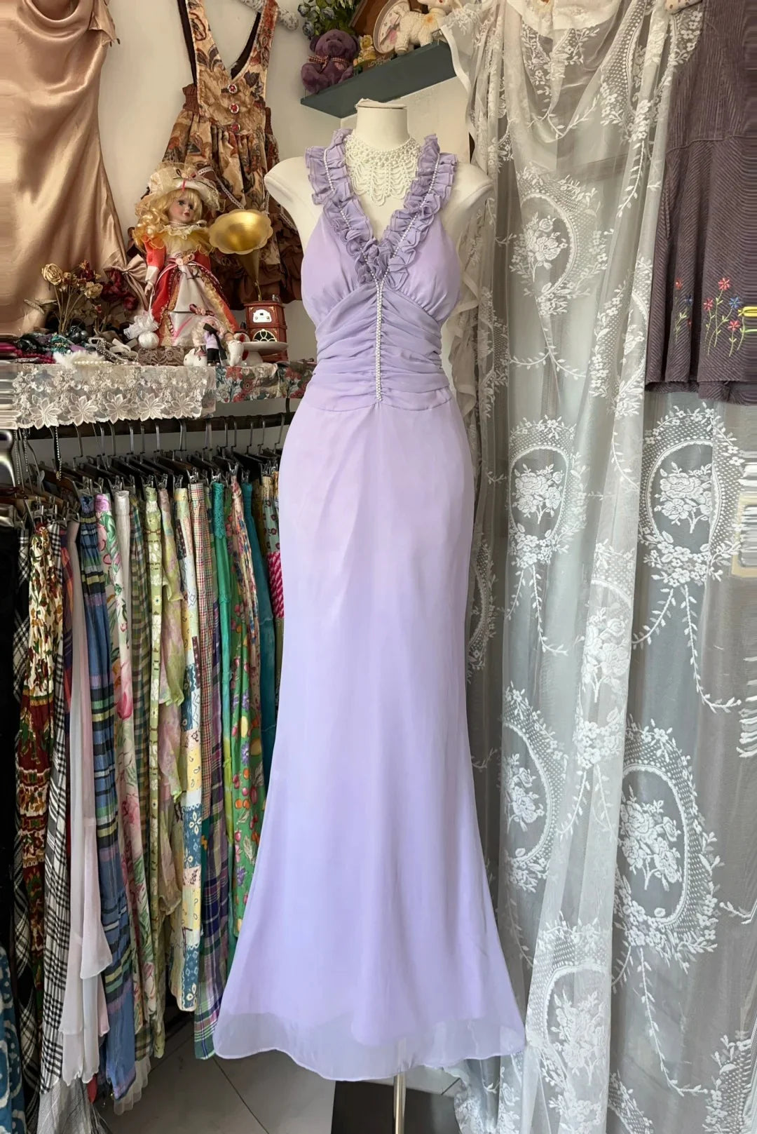 Romantic Mermaid Halter Ruffled Lavender Maxi Prom Dress