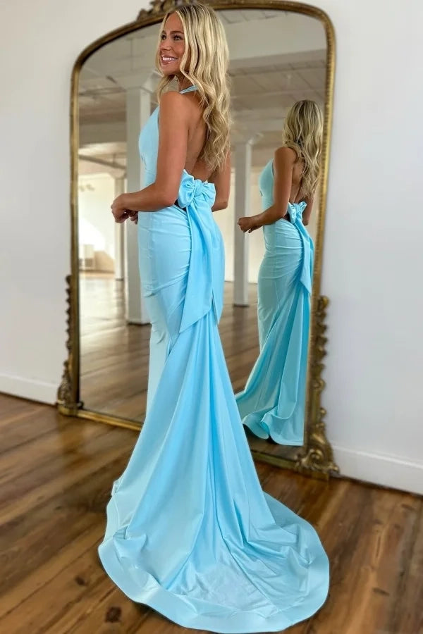 Romantic Mermaid Halter Sleeveless Bow Back Maxi Prom Dress