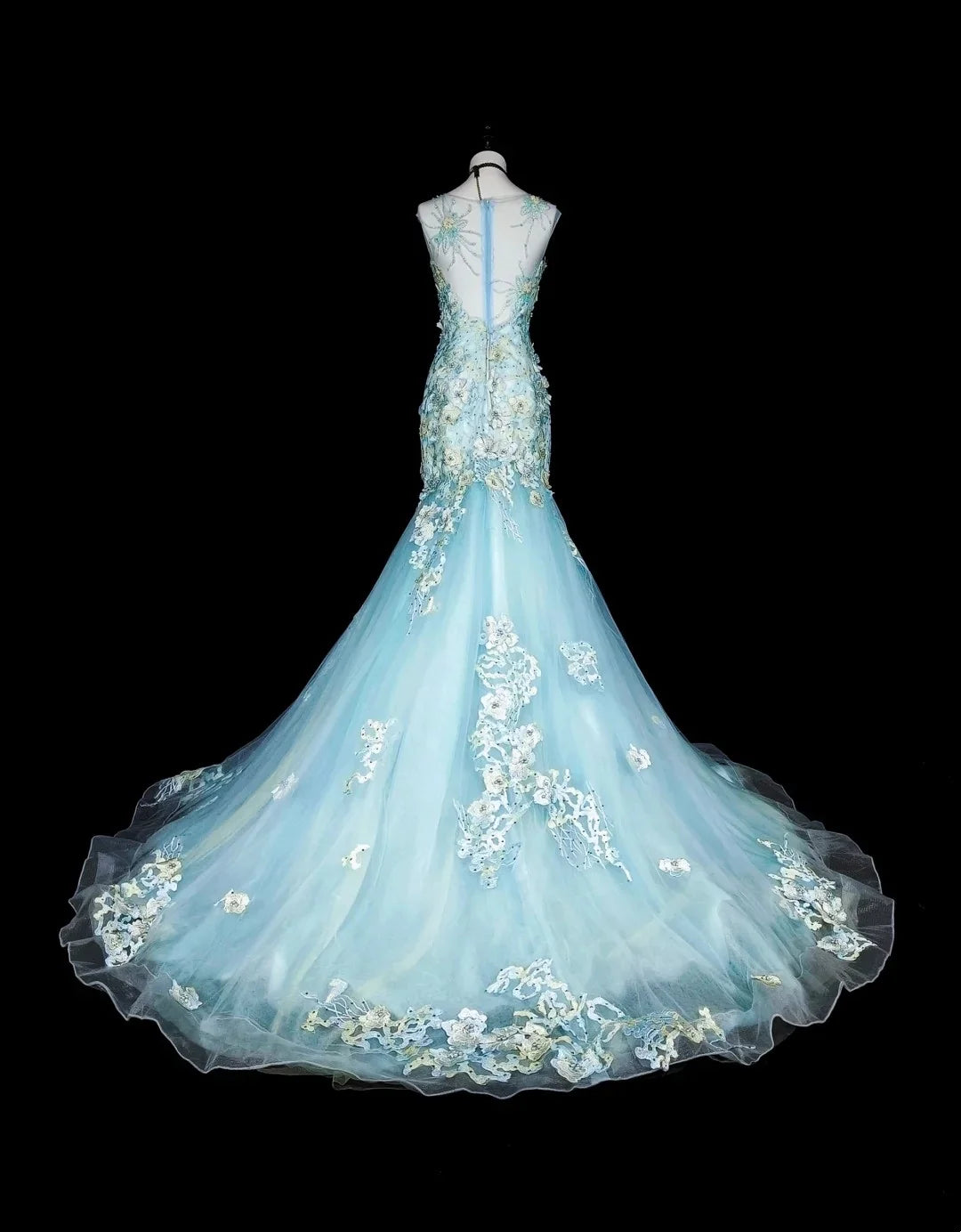 Romantic Mermaid High Neck Sleeveless Embroidered Light Blue Maxi Prom Dress