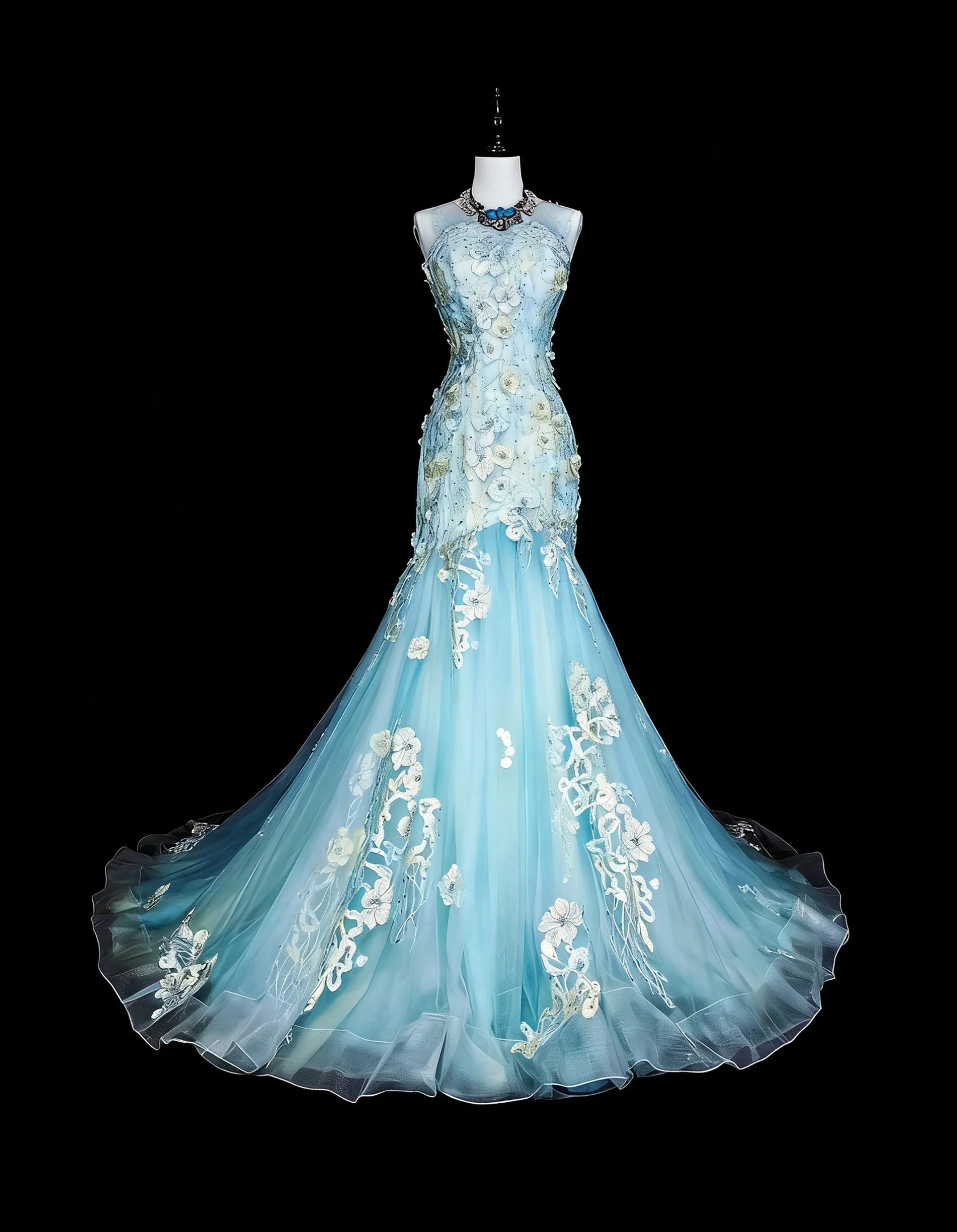 Romantic Mermaid High Neck Sleeveless Embroidered Light Blue Maxi Prom Dress