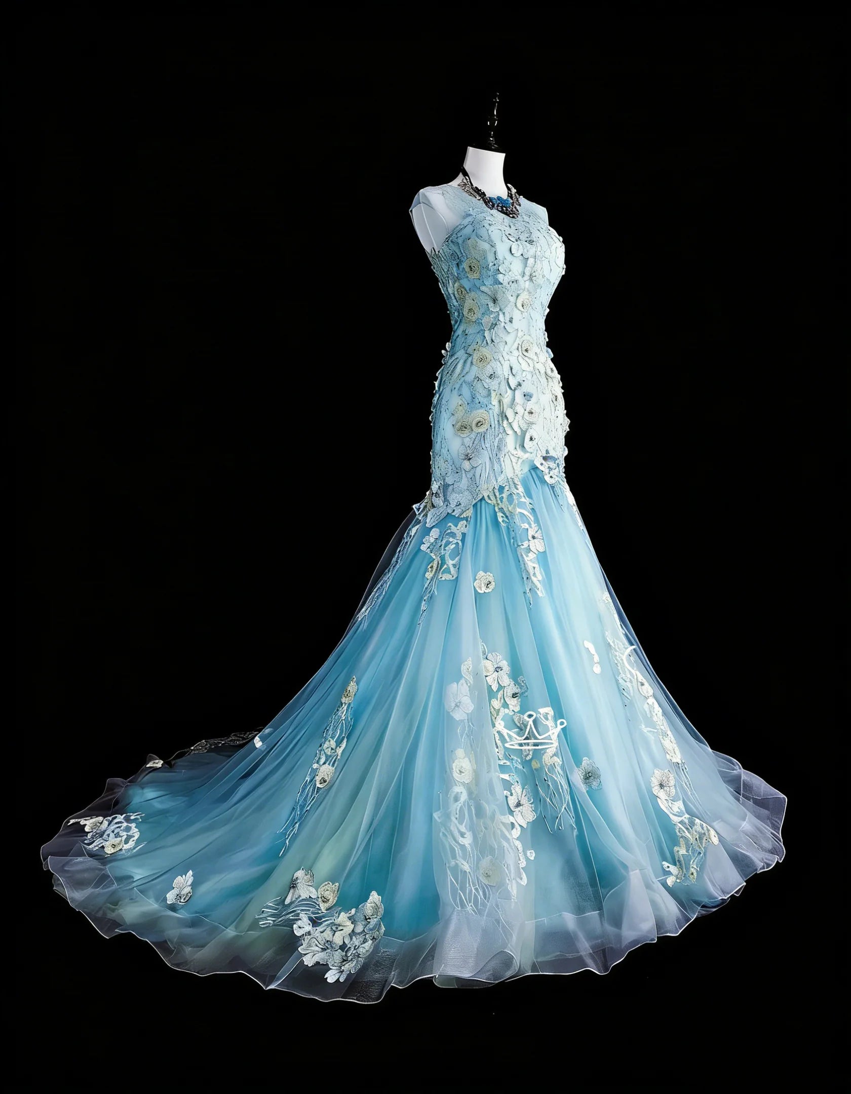 Romantic Mermaid High Neck Sleeveless Embroidered Light Blue Maxi Prom Dress