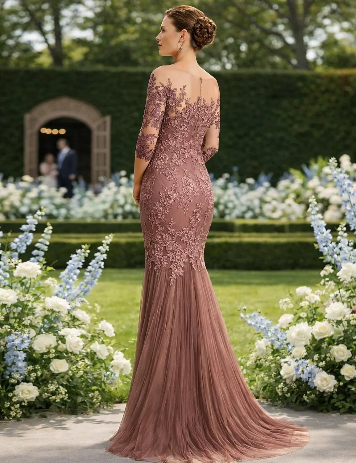 Romantic Mermaid Off-Shoulder 3/4 Sleeve Lace Applique Mocha Floor-Length Prom Dress For Women Ready To Ship