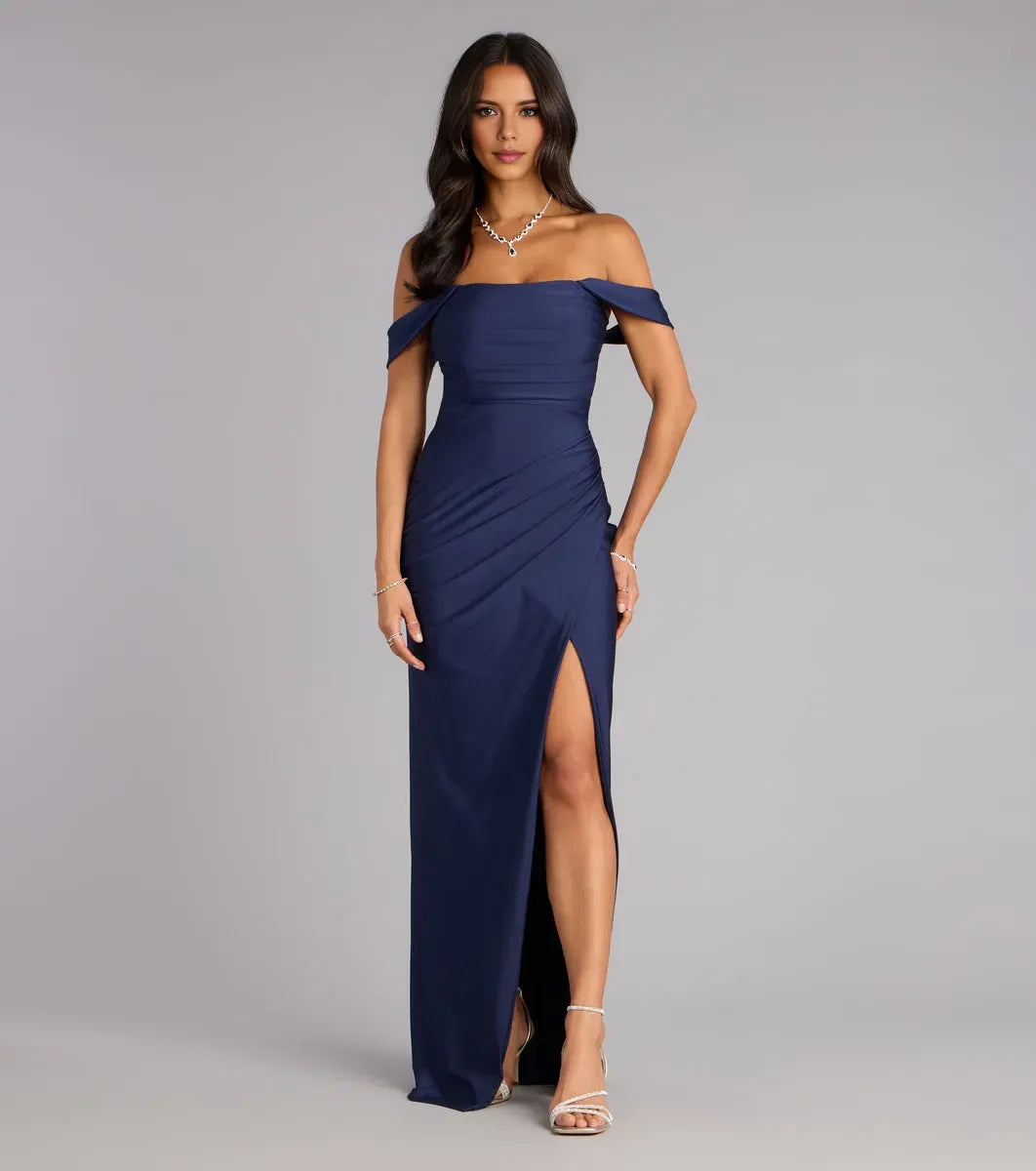 Romantic Mermaid Off-The-Shoulder Sleeveless Back Zip Ruched High Slit Floor-Length Prom Dresses ﻿