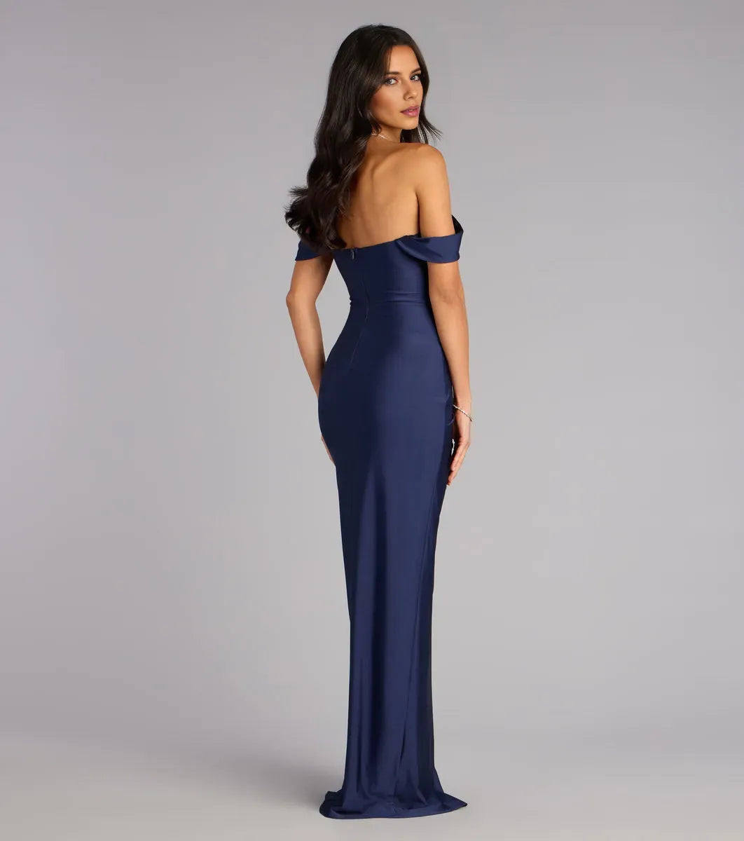 Romantic Mermaid Off-The-Shoulder Sleeveless Back Zip Ruched High Slit Floor-Length Prom Dresses ﻿