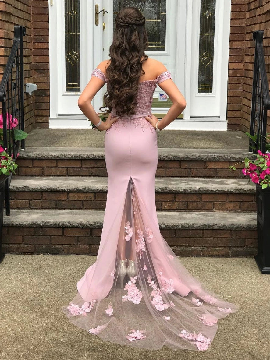 Romantic Mermaid Off-the-Shoulder Floral Blush Pink Floor-Length Party Dress