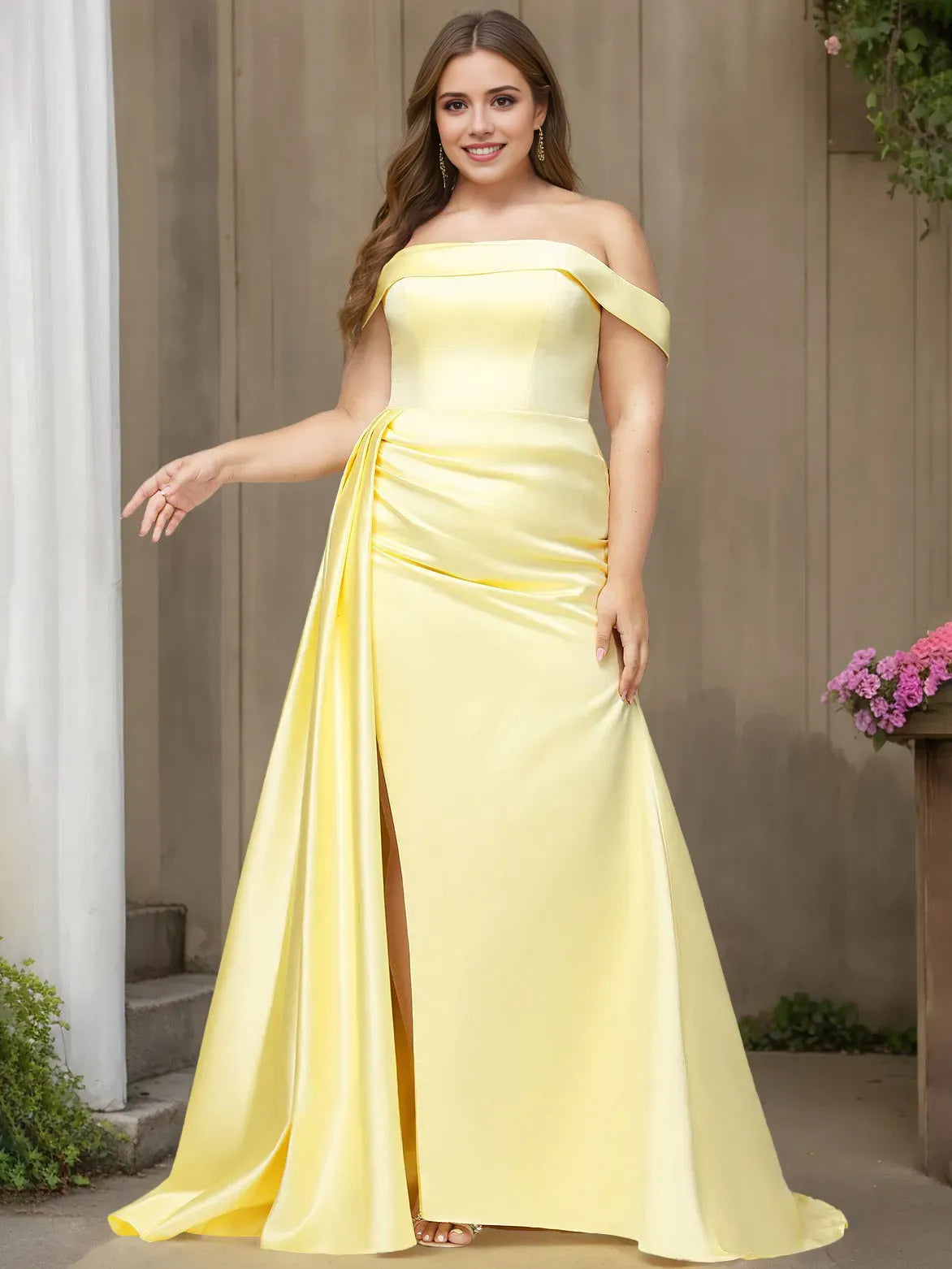 Romantic Mermaid Off-the-Shoulder Short Sleeve Draped Satin Slit Floor-Length Plus Size Prom Dresses with Split Side