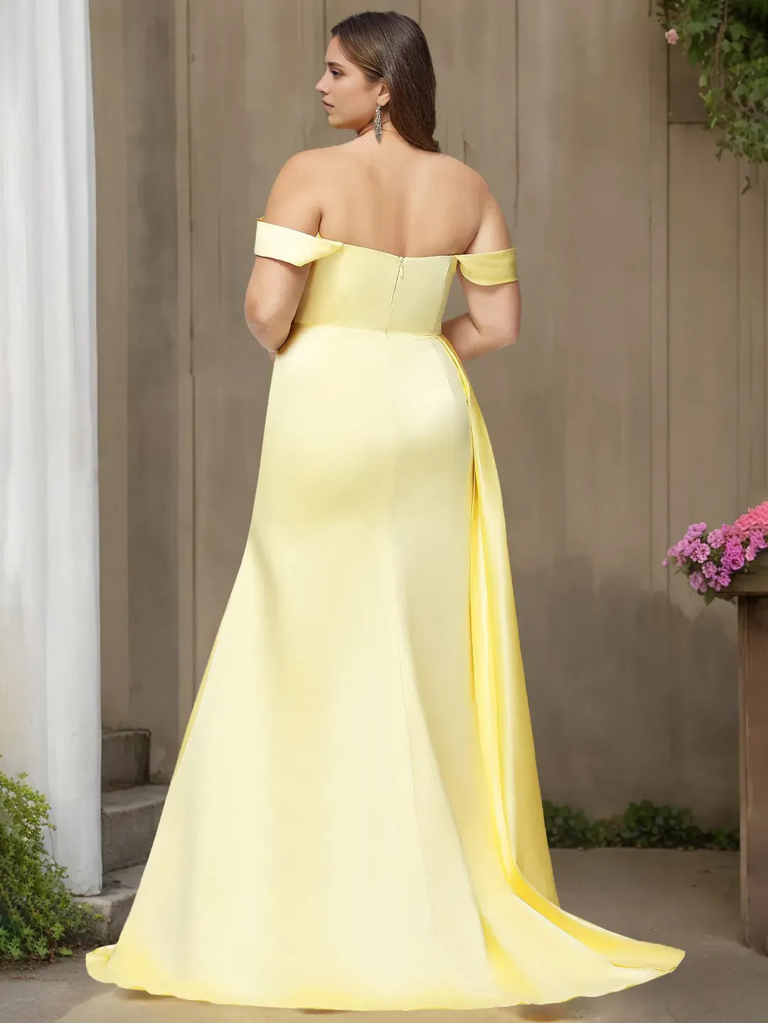 Romantic Mermaid Off-the-Shoulder Short Sleeve Draped Satin Slit Floor-Length Plus Size Prom Dresses with Split Side