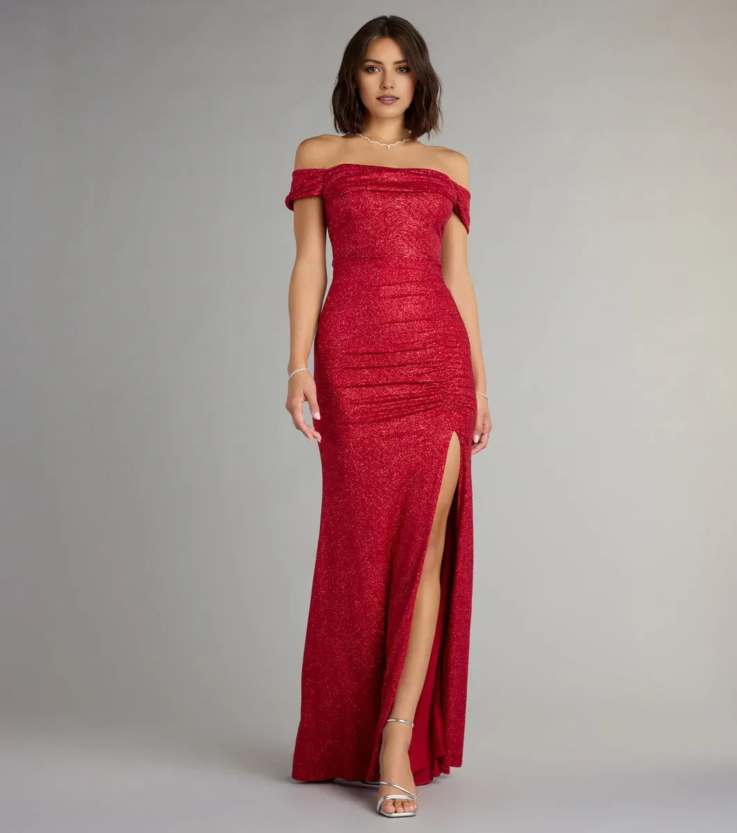 Romantic Mermaid Off-the-Shoulder Sleeveless Back Zip Floor-Length Red Glitter Prom Dresses with Ruched High Slit