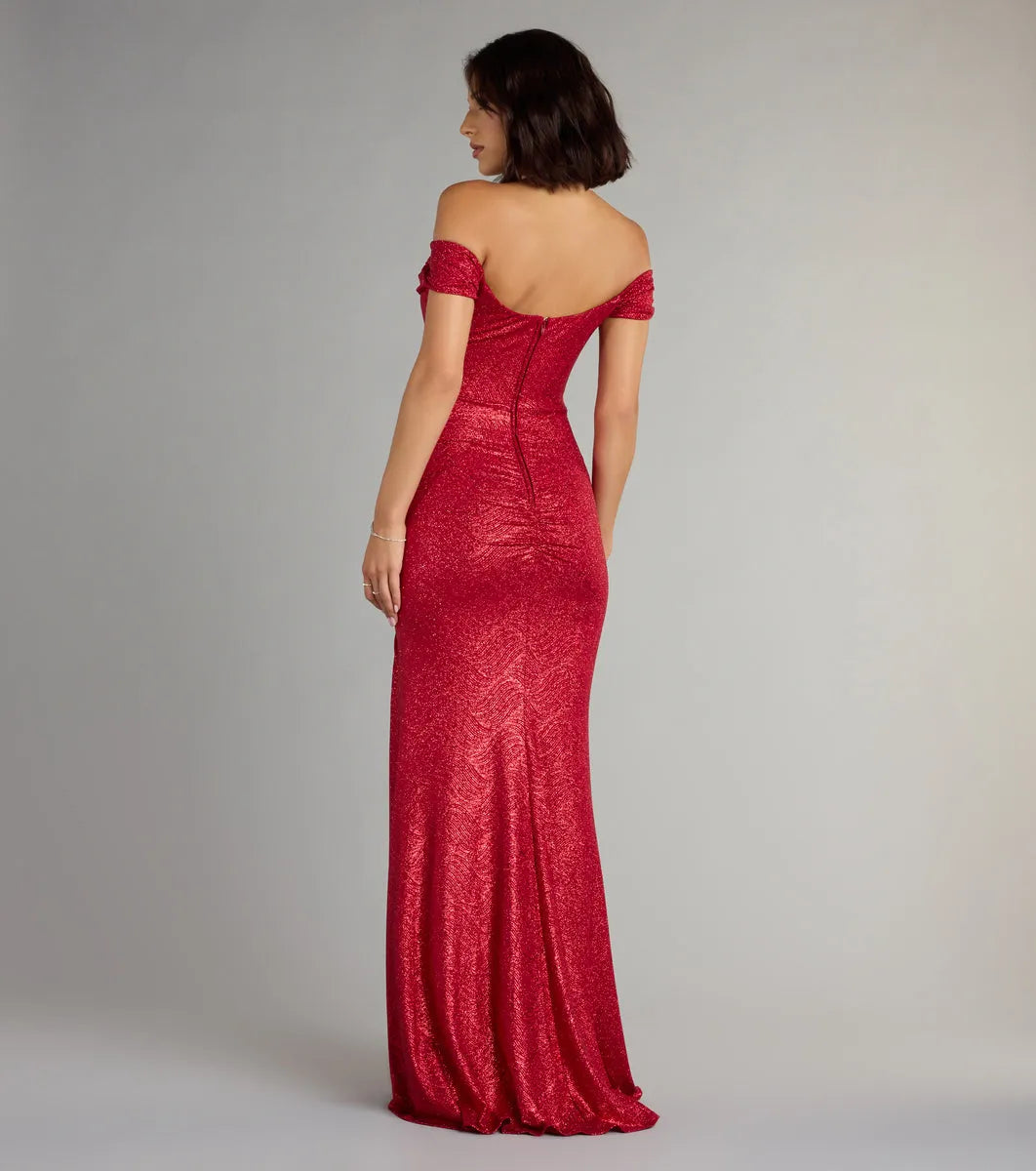 Romantic Mermaid Off-the-Shoulder Sleeveless Back Zip Floor-Length Red Glitter Prom Dresses with Ruched High Slit
