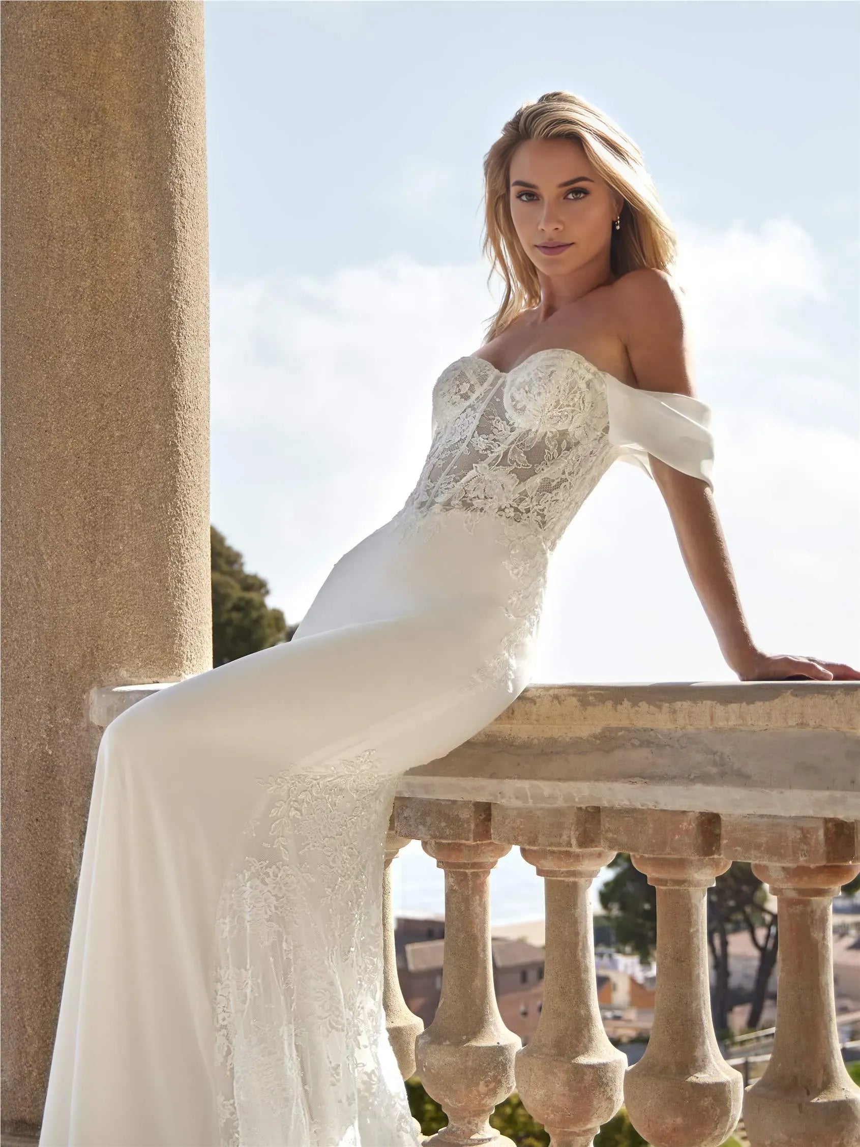 Romantic Mermaid Off the Shoulder Sleeveless Lace-Embroidered Lace-Up Sweep/Brush Train Wedding Dress