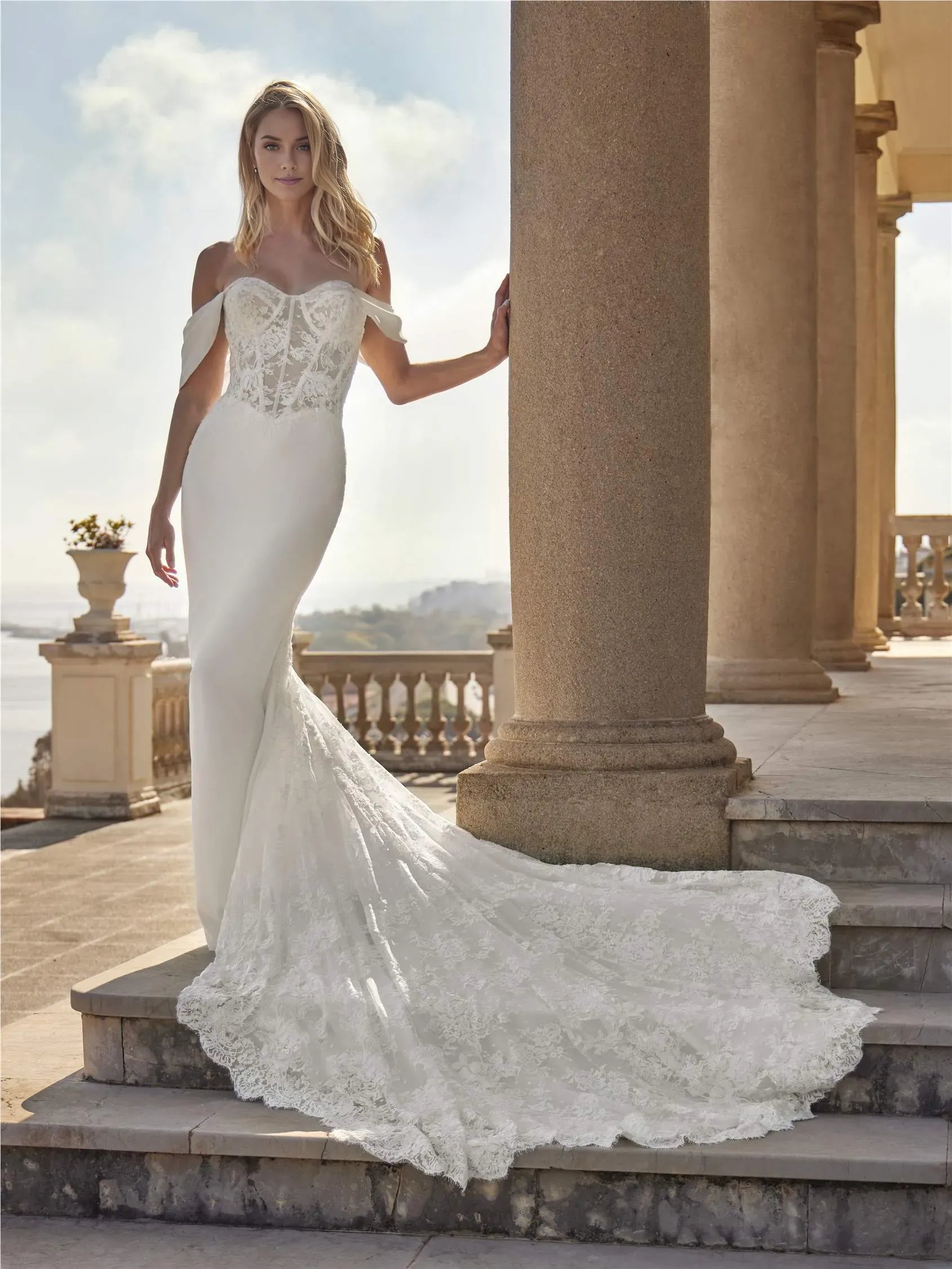 Romantic Mermaid Off the Shoulder Sleeveless Lace-Embroidered Lace-Up Sweep/Brush Train Wedding Dress