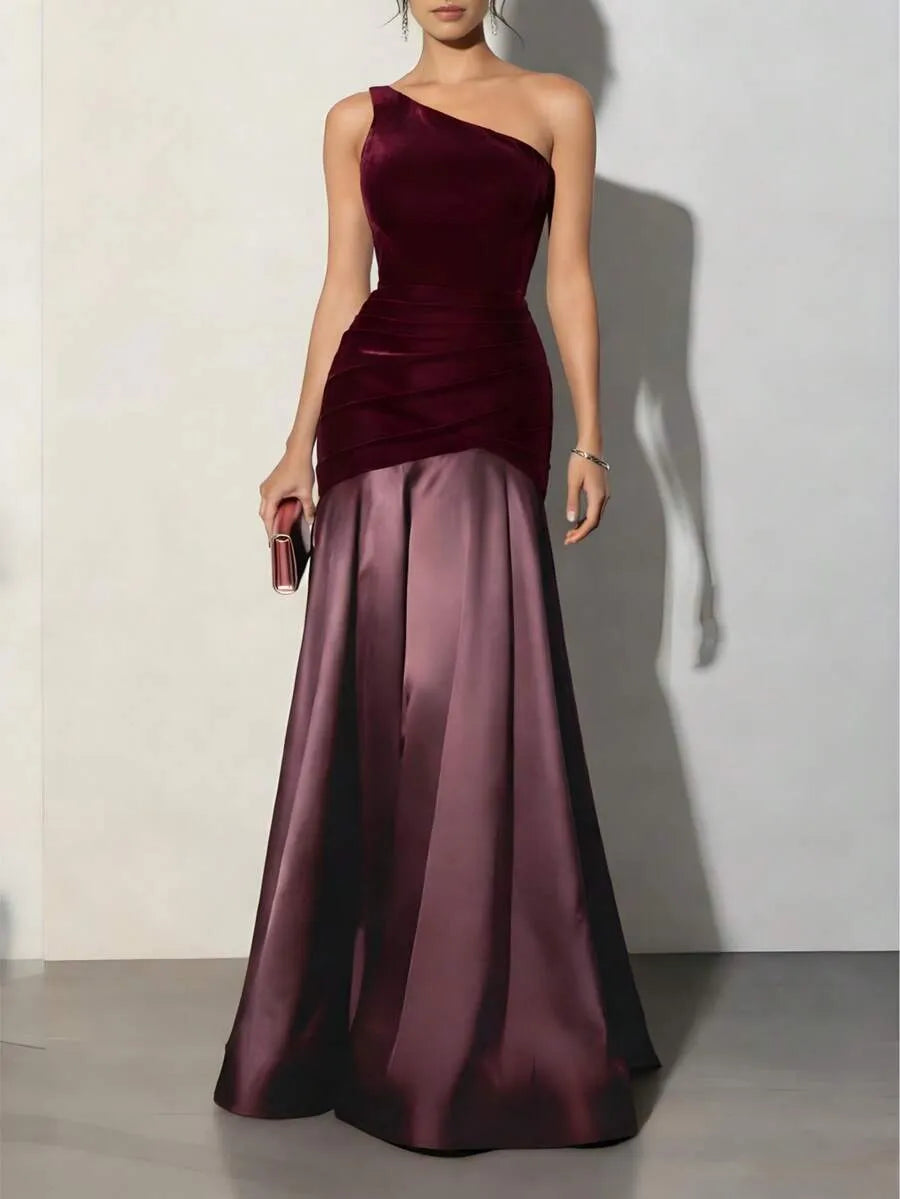 Romantic Mermaid One-Shoulder Sleeveless Ruched Burgundy Purple Maxi Prom Dress for Women Ready to Ship