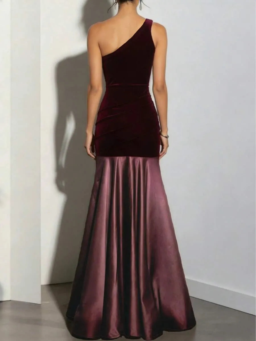 Romantic Mermaid One-Shoulder Sleeveless Ruched Burgundy Purple Maxi Prom Dress for Women Ready to Ship