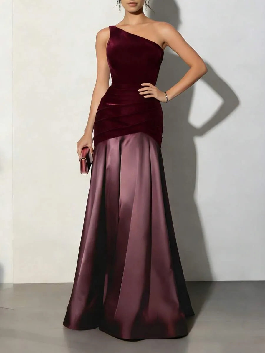 Romantic Mermaid One-Shoulder Sleeveless Ruched Burgundy Purple Maxi Prom Dress for Women Ready to Ship