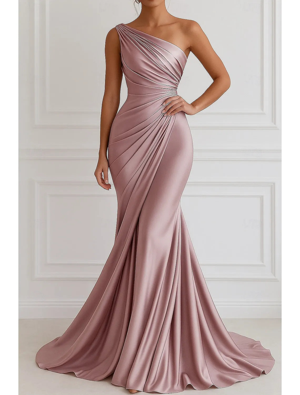 Romantic Mermaid One-Shoulder Sleeveless Ruched Dusty Rose Floor-Length Prom Dress For Women Ready To Ship