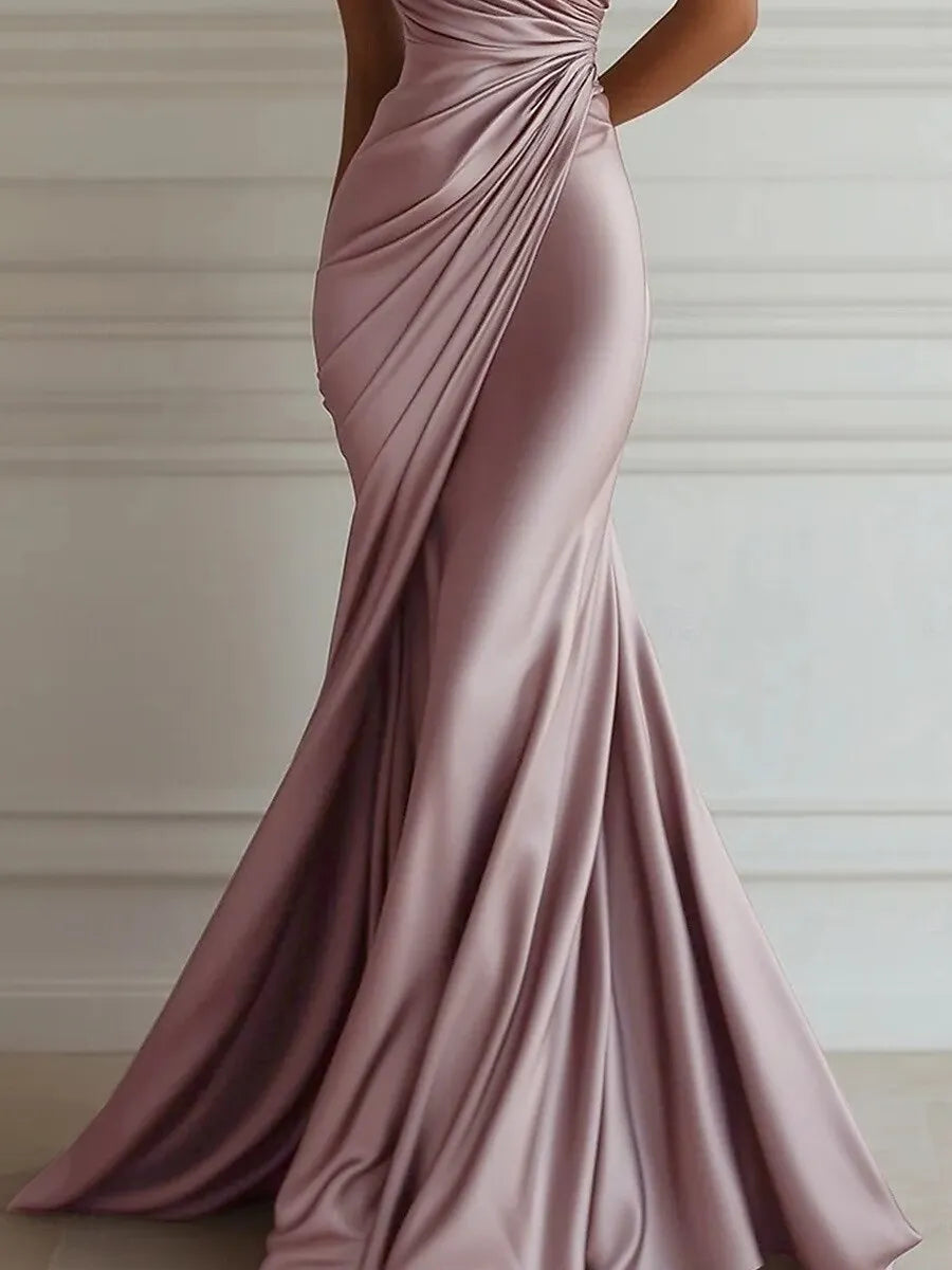 Romantic Mermaid One-Shoulder Sleeveless Ruched Dusty Rose Floor-Length Prom Dress For Women Ready To Ship