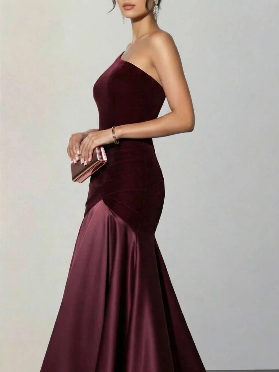 Romantic Mermaid One-Shoulder Sleeveless Ruched Burgundy Purple Maxi Prom Dress for Women Ready to Ship