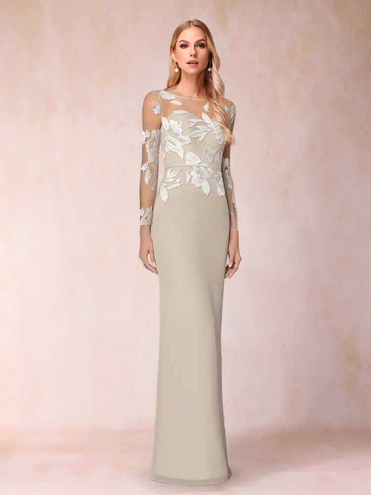 Romantic Mermaid Round Neck Lace Long Sleeve Open Back Floor-Length Mother of the Bride Dresses