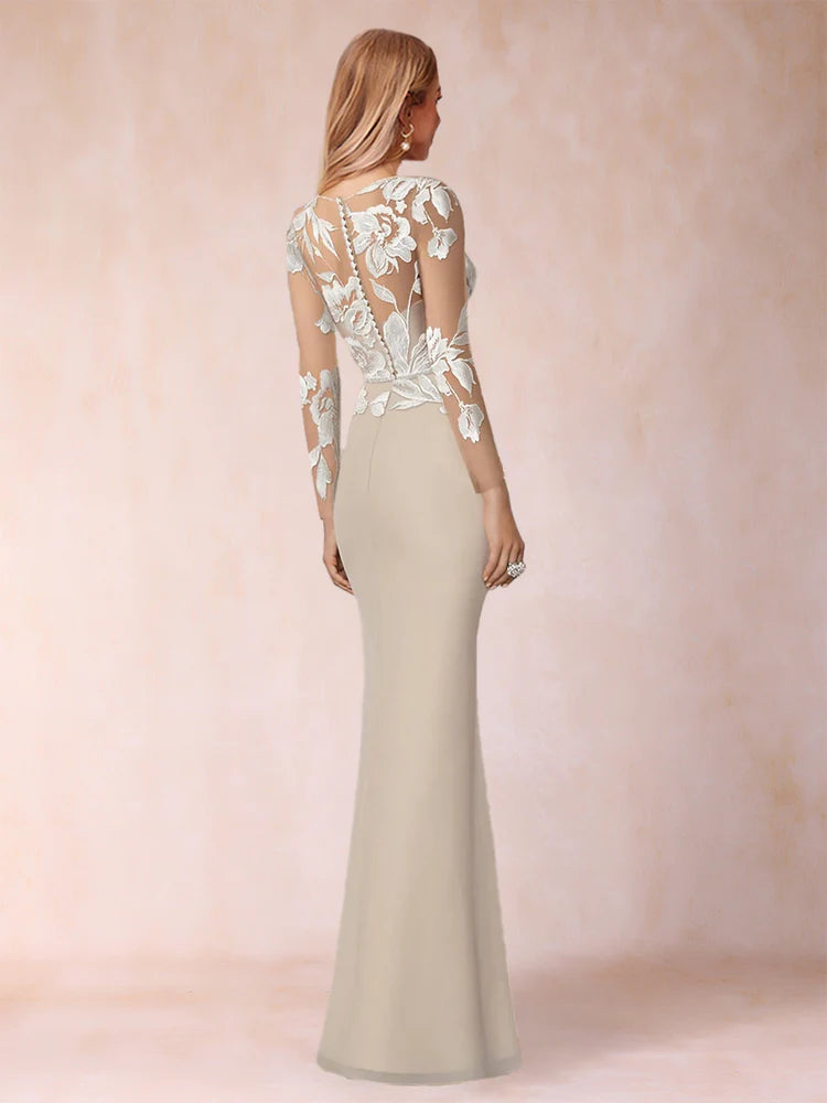 Romantic Mermaid Round Neck Lace Long Sleeve Open Back Floor-Length Mother of the Bride Dresses
