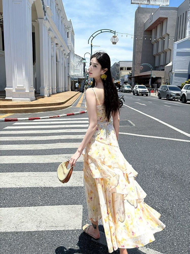 Romantic Mermaid Square Neck Sleeveless Floral Yellow Maxi Prom Dress