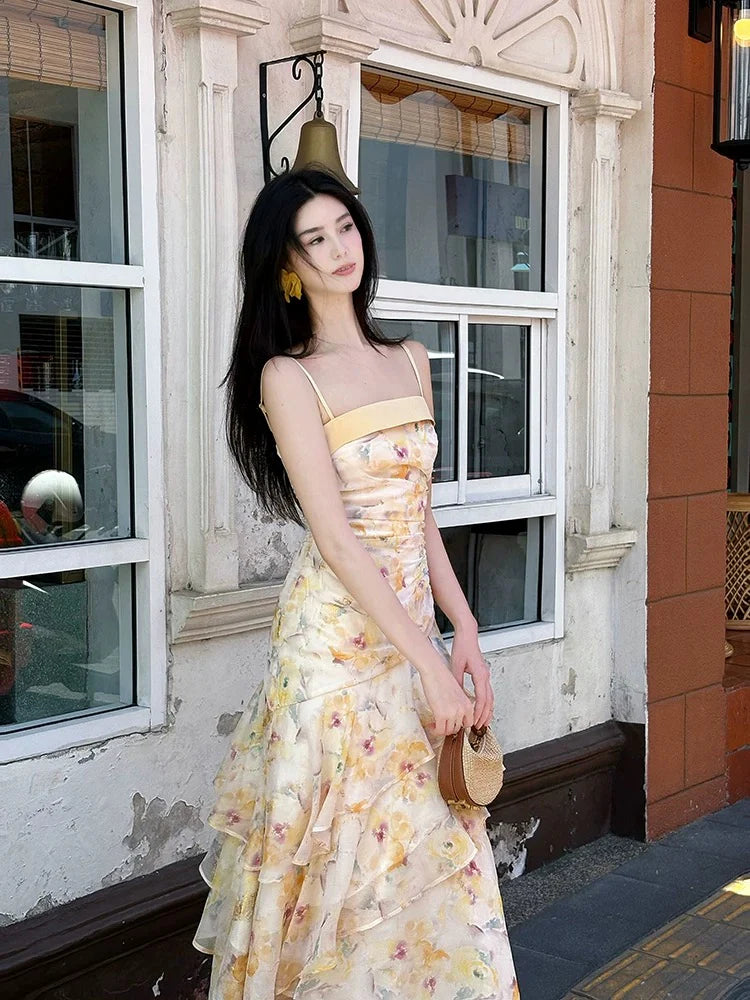 Romantic Mermaid Square Neck Sleeveless Floral Yellow Maxi Prom Dress