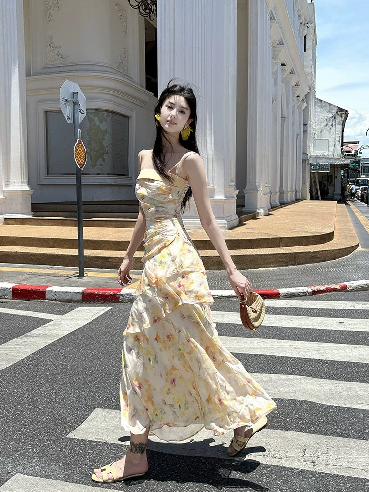 Romantic Mermaid Square Neck Sleeveless Floral Yellow Maxi Prom Dress