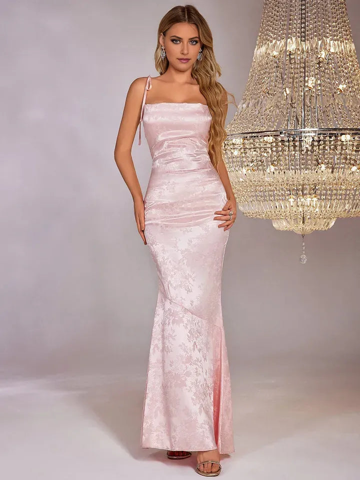 Romantic Mermaid Square Neck Spaghetti Strap Lace-Up Back Floor-Length Satin Floral Jacquard Prom Dresses
